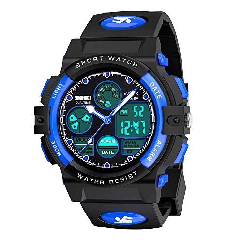 Kids Outdoor Digital Doble Huso Horario De Cuarzo Analogico Banda De Impermeable Reloj con Cronografo, Alarma, Calendario, Fecha En La Ventana De Diseño Clásico para Niños Niñas Niños - Azul