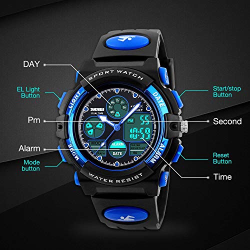 Kids Outdoor Digital Doble Huso Horario De Cuarzo Analogico Banda De Impermeable Reloj con Cronografo, Alarma, Calendario, Fecha En La Ventana De Diseño Clásico para Niños Niñas Niños - Azul