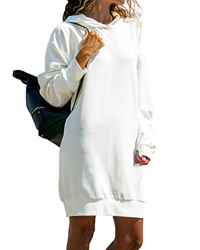 Kidsform Sudadera con capucha Mujer Sudadera con capucha de gran tamaño Vestido Sudadera de manga larga Jersey informal con capucha Casual Color sólido, Blanco, L (44)