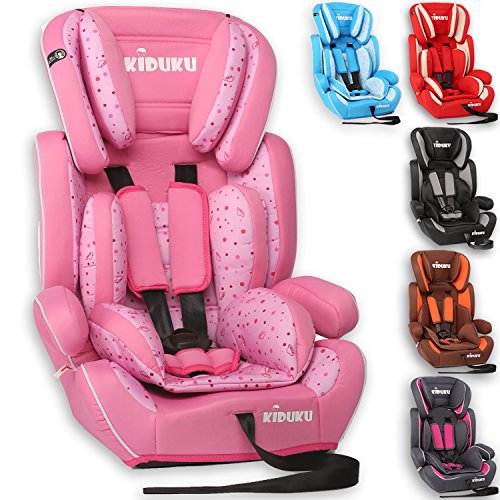 KIDUKU® Silla de coche, crece con el niño, 9 kg-36 kg (1-12 años), Grupo 1/2/3 (Rosa)