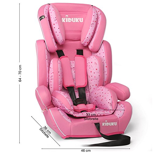 KIDUKU® Silla de coche, crece con el niño, 9 kg-36 kg (1-12 años), Grupo 1/2/3 (Rosa)