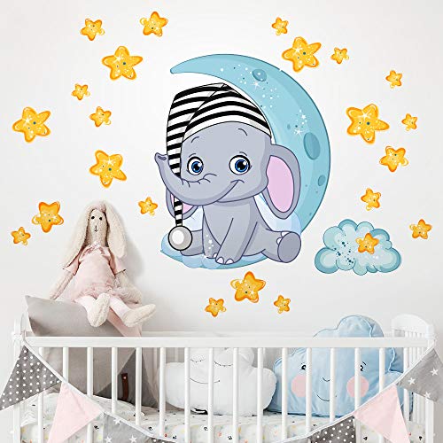 kina R00322 Adhesivos Pared Elefante Estrellas Luna Nube Decoración Pegatina Dormitorio Infantil Niño