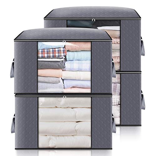 king do way 4PCS Bolsa de Almacenamiento de Ropa de Gran Capacidad, Gruesa Plegable Organizador de Edredones Manta Ropa de Polvo con la Cremallera Robusta y Asa Reforzada 60 x 43 x 35 cm (Gris)