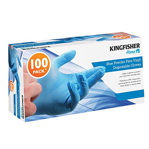 Kingfisher Guantes de vinilo sin polvo, color azul, tamaño mediano, 100 unidades