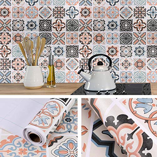 KINLO Papel Pintado Pared Adhesivo con la Imagen Mosaico Retro Colores, Pegatina de PVC para Decorar Azulejos Muebles Cocina Baño, a Prueba de Aceite de Agua de Moho, 0.61*5M per Rollo