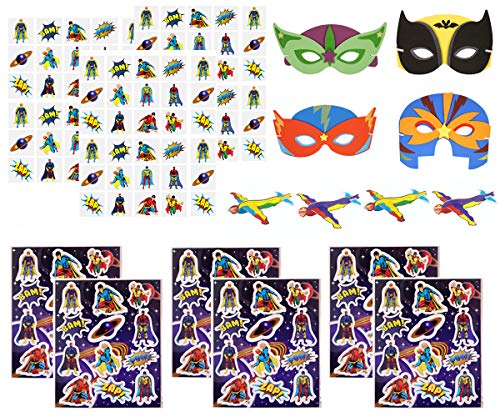 KINPARTY ® - Regalos de Superhéroe para niños – Pegatinas – Tatuajes – Aviones – Máscaras de Goma EVA - Para fiestas de cumpleaños, fiestas de Superhéroes, fiestas de verano, relleno de piñatas