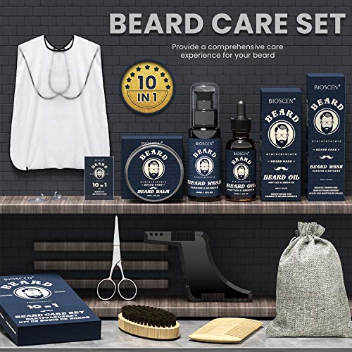 Kit Cuidado Barba para Hombre 10pcs, con Champú Barba, Aceite Barba, Bálsamo Barba, Cepillo Barba, Peine Barba, Plantilla Barba, Tijeras Barba, Delantal Barba, Bolsa, Regalos Originales para Hombre