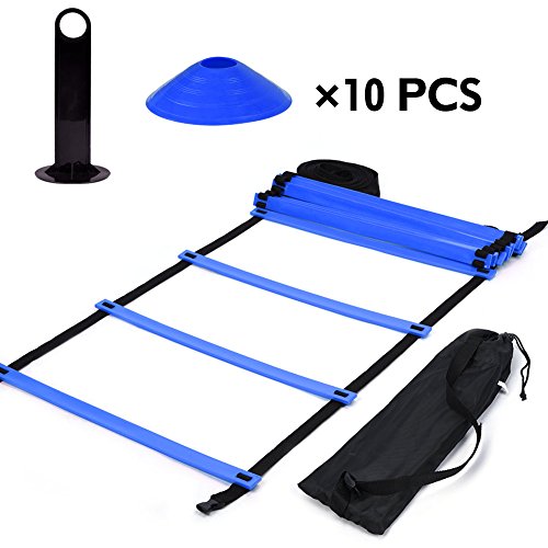 Kit de Entrenamiento Agilidad Velocidad - Escalera de Entrenamiento 12 Peldaños Ajustables + 10pcs Conos de Entrenamiento (Color : Azul)