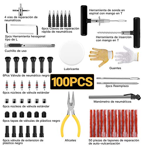 Kit de Reparación de Neumáticos 100pcs, TECCPO Reparación de Neumáticos con Mechas para llantas, Herramientas Automotrices Punción Multifuncional con Maleta Negra, Guantes, Clavos de Reparación Rápida