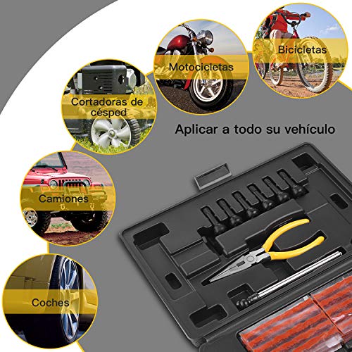 Kit de Reparación de Neumáticos 100pcs, TECCPO Reparación de Neumáticos con Mechas para llantas, Herramientas Automotrices Punción Multifuncional con Maleta Negra, Guantes, Clavos de Reparación Rápida