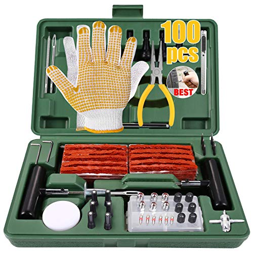 Kit de Reparación de Neumáticos 100pcs, TECCPO Reparación de Neumáticos con Mechas para llantas, Herramientas Automotrices Punción Multifuncional con Maleta Negra, Guantes, Clavos de Reparación Rápida