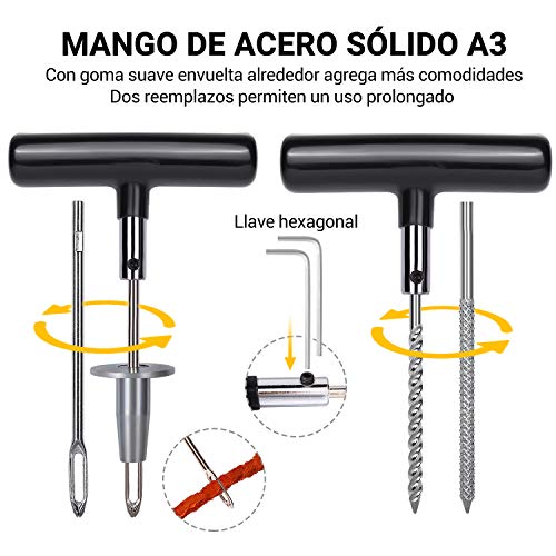 Kit de Reparación de Neumáticos 100pcs, TECCPO Reparación de Neumáticos con Mechas para llantas, Herramientas Automotrices Punción Multifuncional con Maleta Negra, Guantes, Clavos de Reparación Rápida