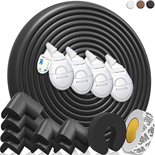 Kit Protector Para Esquinas y Bordes | Juego de 8 Cantos Protectores y 1 Rollo, Cobertura Total de 6,4 M | Kit de la Seguridad del Niño en la Casa | Tope Puerta y 4 Cierre de Seguridad (Negro)