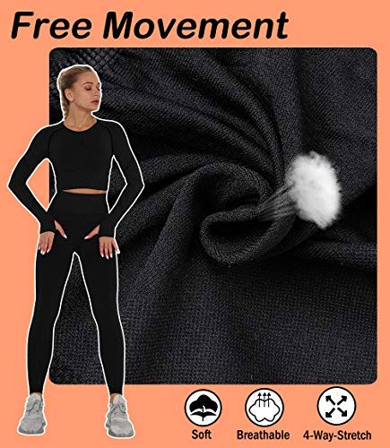 KIWI RATA Yoga Camiseta Deportiva Mujer Manga Larga sin Costuras Crop Top Deporte para Fitness Running Gimnasio Elásticos y Transpirables