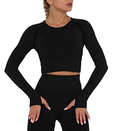 KIWI RATA Yoga Camiseta Deportiva Mujer Manga Larga sin Costuras Crop Top Deporte para Fitness Running Gimnasio Elásticos y Transpirables