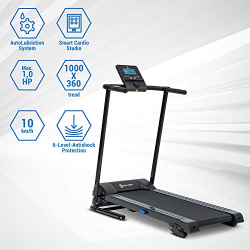 KLAR FIT Capital Sports Pacemaker F60 - Cinta para Correr, Máquina de Cardio, Ordenador de Entrenamiento, Soporte tabletas, Potencia 1 PS, Pulsómetro, Sistema autolubrificante, Bluetooth, Negro