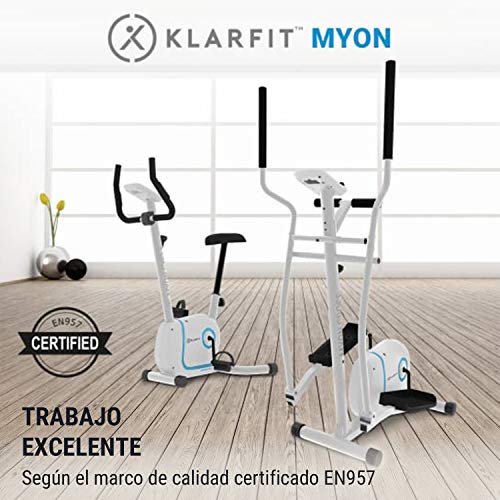 KLAR FIT Klarfit Myon Cross - Bicicleta elíptica, 8 Niveles de Resistencia, Volante de inercia de 12kg, Pantalla LCD, Accionamiento por Correa silencioso, Pulsómetro, Protección para el Suelo, Blanco