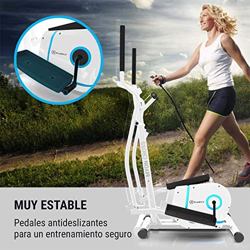 KLAR FIT Klarfit Myon Cross - Bicicleta elíptica, 8 Niveles de Resistencia, Volante de inercia de 12kg, Pantalla LCD, Accionamiento por Correa silencioso, Pulsómetro, Protección para el Suelo, Blanco