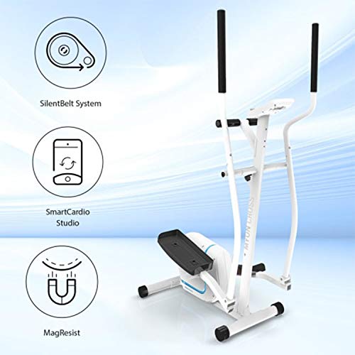 KLAR FIT Klarfit Myon Cross - Bicicleta elíptica, 8 Niveles de Resistencia, Volante de inercia de 12kg, Pantalla LCD, Accionamiento por Correa silencioso, Pulsómetro, Protección para el Suelo, Blanco