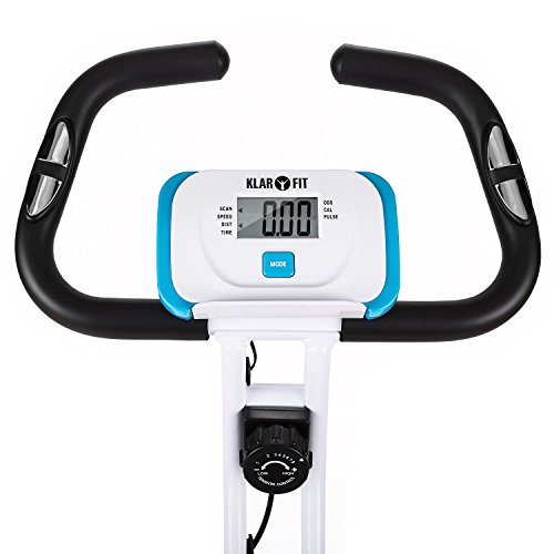 Klarfit Azura - Bicicleta Fija, Bici estática, Ordenador de entrenamiento, Medidor de pulso, 8 niveles de resistencia, Volante de inercia 3 kg, Máx. 100 kg, Respaldo, Reposabrazos, Blanco