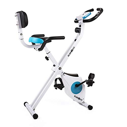 Klarfit Azura - Bicicleta Fija, Bici estática, Ordenador de entrenamiento, Medidor de pulso, 8 niveles de resistencia, Volante de inercia 3 kg, Máx. 100 kg, Respaldo, Reposabrazos, Blanco