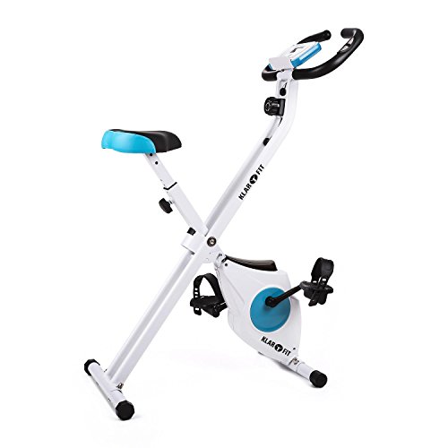 Klarfit Azura Bicicleta Fija Bicicleta Estática Computadora de Entrenamiento Medidor de Pulso 8 Niveles de Resistencia Peso a Rotar de 3Kg Asiento Ergonómico Max. 100Kg Blanco-Azul