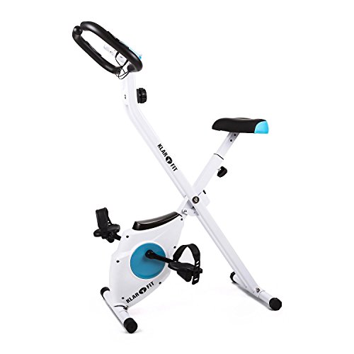 Klarfit Azura Bicicleta Fija Bicicleta Estática Computadora de Entrenamiento Medidor de Pulso 8 Niveles de Resistencia Peso a Rotar de 3Kg Asiento Ergonómico Max. 100Kg Blanco-Azul