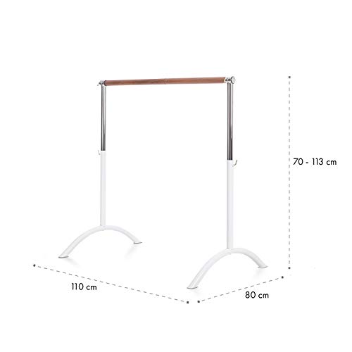 Klarfit Bar Lerina - Barra de Ballet móvil, Largo 110 cm, Altura Regulable 70-113 cm, Agarraderas de Bloqueo, Tubo de Acero con Recubrimiento en Polvo, Pies de Apoyo, Antideslizante, Blanco