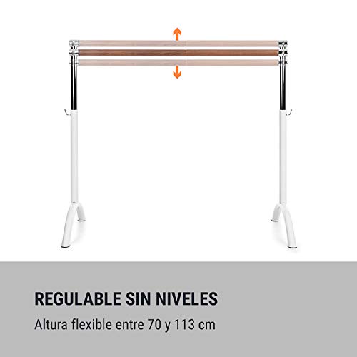 Klarfit Bar Lerina - Barra de Ballet móvil, Largo 110 cm, Altura Regulable 70-113 cm, Agarraderas de Bloqueo, Tubo de Acero con Recubrimiento en Polvo, Pies de Apoyo, Antideslizante, Blanco