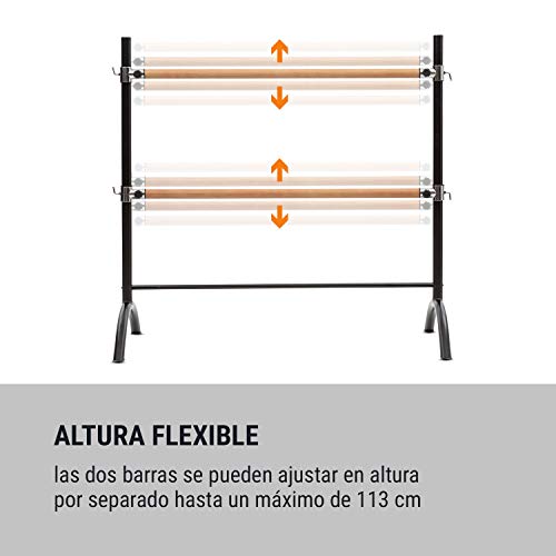 Klarfit Barre - Barra de Ballet Doble, 2 x 38 mm de diámetro, Recubrimiento de Goma Antideslizante, Altura Flexible, Material Acero con Aspecto de Madera, Soporte Curvado, 220 x 113 cm, Negro