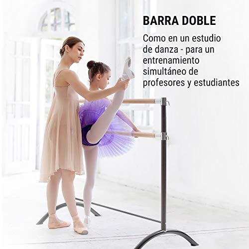 Klarfit Barre - Barra de Ballet Doble, 2 x 38 mm de diámetro, Recubrimiento de Goma Antideslizante, Altura Flexible, Material Acero con Aspecto de Madera, Soporte Curvado, 220 x 113 cm, Negro