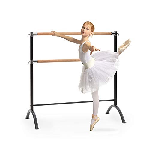 Klarfit Barre - Barra de Ballet Doble, 2 x 38 mm de diámetro, Recubrimiento de Goma Antideslizante, Altura Flexible, Material Acero con Aspecto de Madera, Soporte Curvado, 220 x 113 cm, Negro