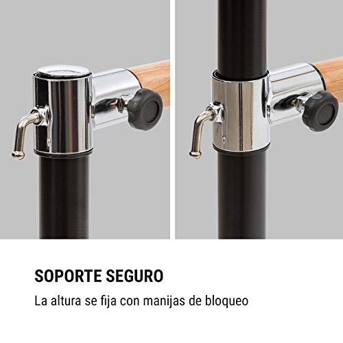 Klarfit Barre - Barra de Ballet Doble, 2 x 38 mm de diámetro, Recubrimiento de Goma Antideslizante, Altura Flexible, Material Acero con Aspecto de Madera, Soporte Curvado, 110 x 113 cm, Negro