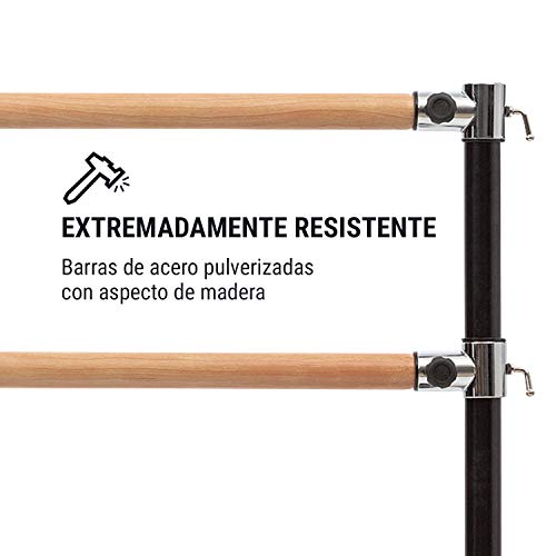 Klarfit Barre - Barra de Ballet Doble, 2 x 38 mm de diámetro, Recubrimiento de Goma Antideslizante, Altura Flexible, Material Acero con Aspecto de Madera, Soporte Curvado, 220 x 113 cm, Negro