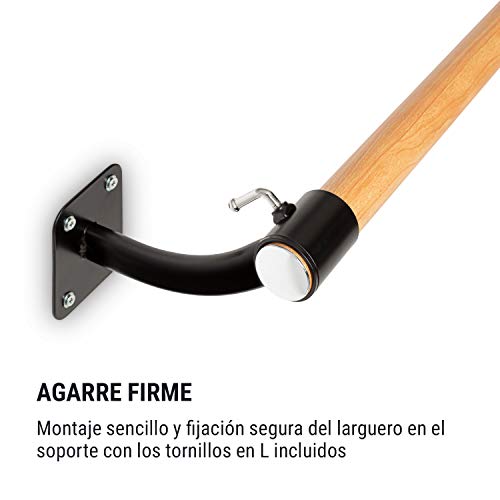 Klarfit Barre Mur - Barra de ballet, Montaje en pared, Largo 110 cm, Estructura de acero con revestimiento en polvo, Larguero de aspecto madera, Diámetro de 38 mm, 4 tornillos en cada lado, Negro Klarfit Barre Mur - Barra de ballet, Montaje en pared, Largo 110 cm, Estructura de acero con revestimiento en polvo, Larguero de aspecto madera, Diámetro de 38 mm, 4 tornillos en cada lado, Negro