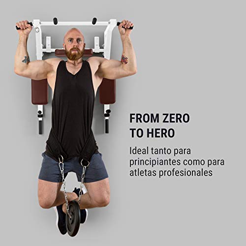 Klarfit Bouncer Barras para Entrenar - Barra, Paralelas, Multi Ejercicio, Dominadas de bíceps, Dorsal, y Fondos en paralelas, 200 kg, 8 agarres Distintos, Acero, Fijado a la Pared, Blanco