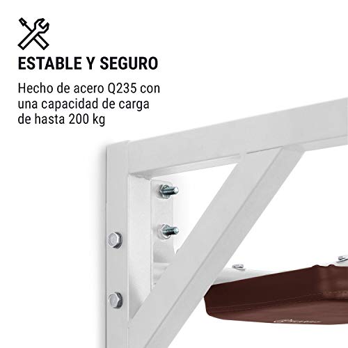 Klarfit Bouncer Barras para Entrenar - Barra, Paralelas, Multi Ejercicio, Dominadas de bíceps, Dorsal, y Fondos en paralelas, 200 kg, 8 agarres Distintos, Acero, Fijado a la Pared, Blanco