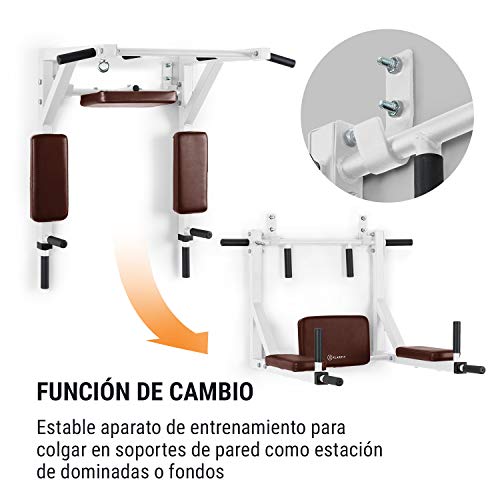 Klarfit Bouncer Barras para Entrenar - Barra, Paralelas, Multi Ejercicio, Dominadas de bíceps, Dorsal, y Fondos en paralelas, 200 kg, 8 agarres Distintos, Acero, Fijado a la Pared, Blanco