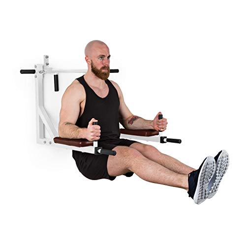 Klarfit Bouncer Barras para Entrenar - Barra, Paralelas, Multi Ejercicio, Dominadas de bíceps, Dorsal, y Fondos en paralelas, 200 kg, 8 agarres Distintos, Acero, Fijado a la Pared, Blanco