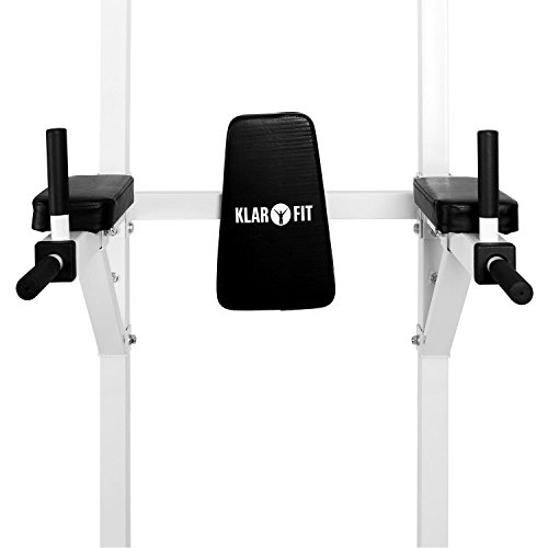 Klarfit FIT-KS04 Máquina Pull Ups - Multifunción, Flexiones, Dips, Abdominales, Sit ups, Carga Máx. 100 kg, Soportes Acolchados, Entrenamiento Torso, Construcción de Acero, Kit Montaje, Blanco