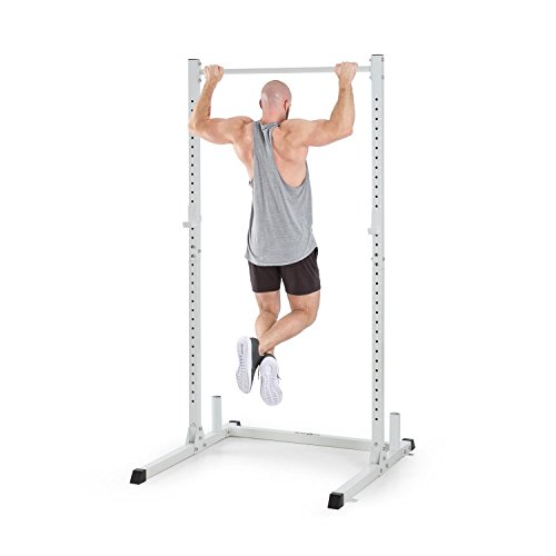 Klarfit HR 1100 - Estación de Pesas, Semijaula, Gimnasio, 2 Ganchos J Ajustables, 32 Posiciones de Altura, Barra de dominadas Fija, Capacidad de Carga Maxima de 150 kg, Blanco