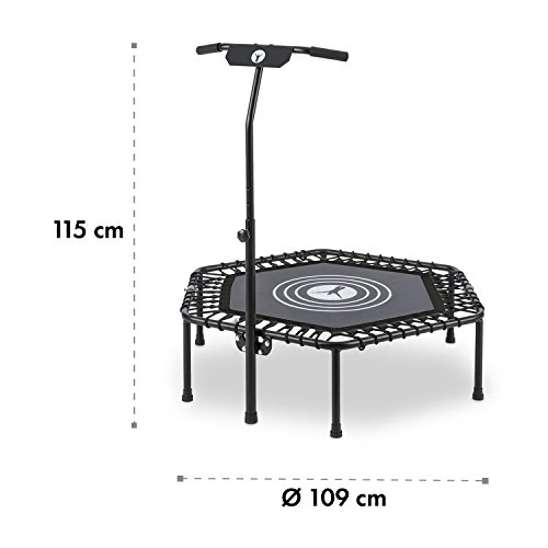 Klarfit Jumpanatic - Cama elástica de Entrenamiento, para Interiores y Exteriores, Superficie de Salto de 84 cm, Agarre a 6 Alturas Regulables: 109-134 cm, Resiste hasta 120 kg, Negro