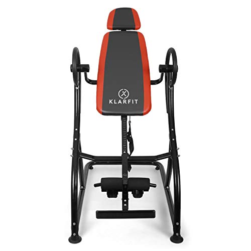 Klarfit Relax Zone Pro Tabla de inversión (150 kg de Peso máx, 20 Niveles Ajustables, Acero y Vinilo, Correas de Nailon, pies Antideslizantes, Montaje rápido) - Naranja Negro