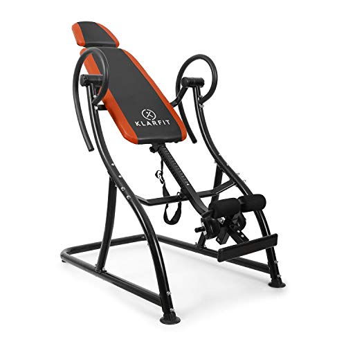 Klarfit Relax Zone Pro Tabla de inversión (150 kg de Peso máx, 20 Niveles Ajustables, Acero y Vinilo, Correas de Nailon, pies Antideslizantes, Montaje rápido) - Naranja Negro