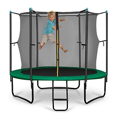 Klarfit Rocketstart 250 Cama elástica trampolin con Red de Seguridad (Superficie Base 250 cm diametro, sujecion 3 Patas Doble, Varillas de sujecion Acolchadas, Lona Resistente a los Rayos UV, Protect