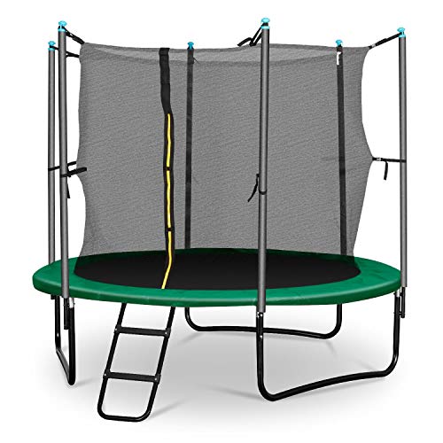 Klarfit Rocketstart 250 Cama elástica trampolin con Red de Seguridad (Superficie Base 250 cm diametro, sujecion 3 Patas Doble, Varillas de sujecion Acolchadas, Lona Resistente a los Rayos UV, Protect