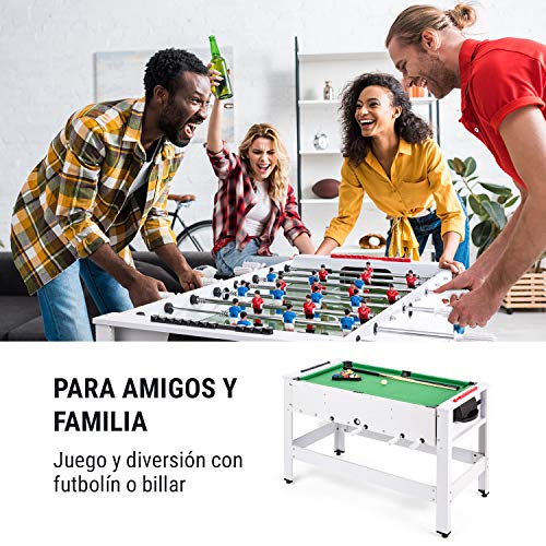 Klarfit Spin 2 en 1 mesa de juegos con billar y furbolín, mesa de billar de 105 x 58 cm / revestimiento en verde, futbolín, incluye accesorios de juego, mesa giratoria para cambiar de juego, blanco