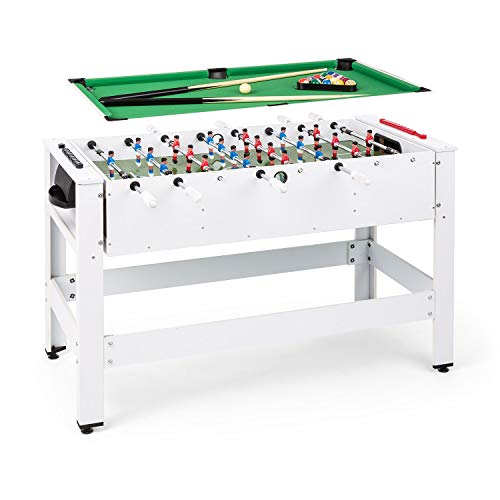 Klarfit Spin 2 en 1 mesa de juegos con billar y furbolín, mesa de billar de 105 x 58 cm / revestimiento en verde, futbolín, incluye accesorios de juego, mesa giratoria para cambiar de juego, blanco