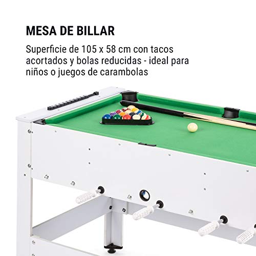 Klarfit Spin 2 en 1 mesa de juegos con billar y furbolín, mesa de billar de 105 x 58 cm / revestimiento en verde, futbolín, incluye accesorios de juego, mesa giratoria para cambiar de juego, blanco