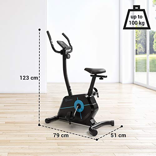 Klarfit Tauon - Bicicleta estática, Resistencia magnética con 8 Niveles, Soporte para Tablet, Pasamanos ergonómicos, Carga máx. 100 kg, Pantalla LC, Estructura de Metal, Ruedas de Transporte, Negro